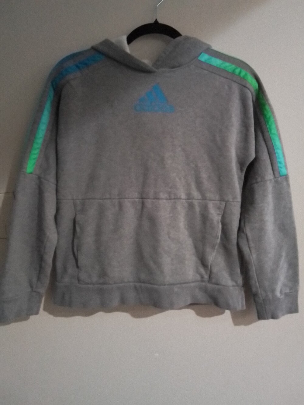 Kids adidas Gray Hoodie with Teal and Aqua Shoulder Stripes